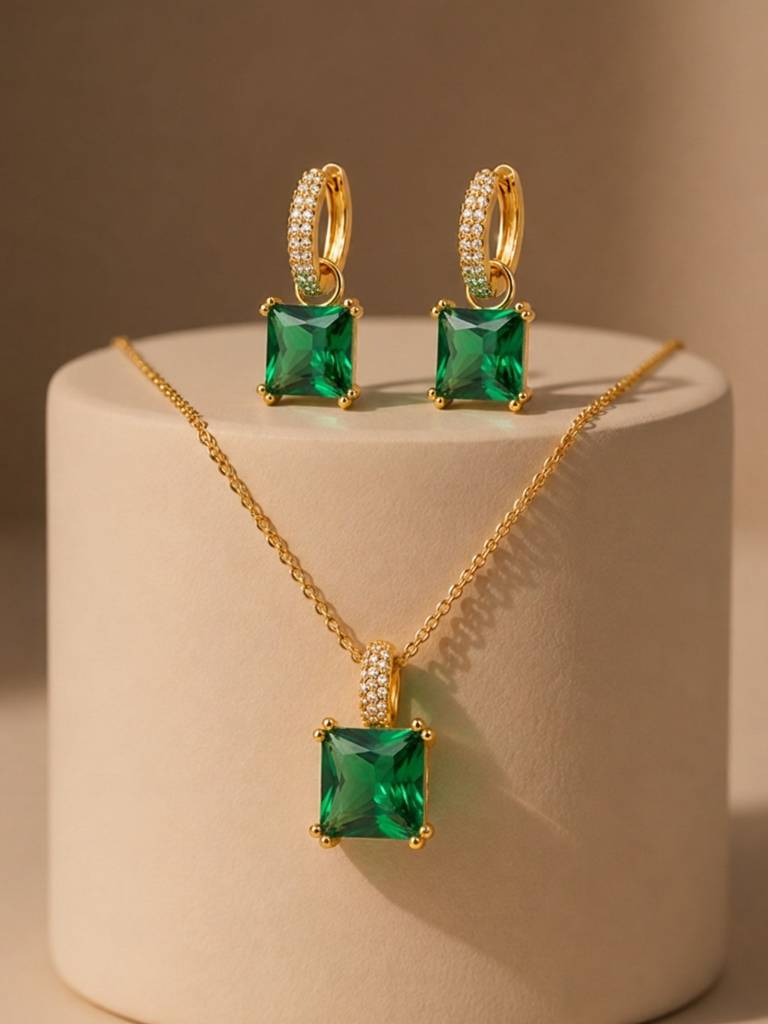 Square-Cut Pendant Necklace & Huggie Earring Set : SET1010EQSD
