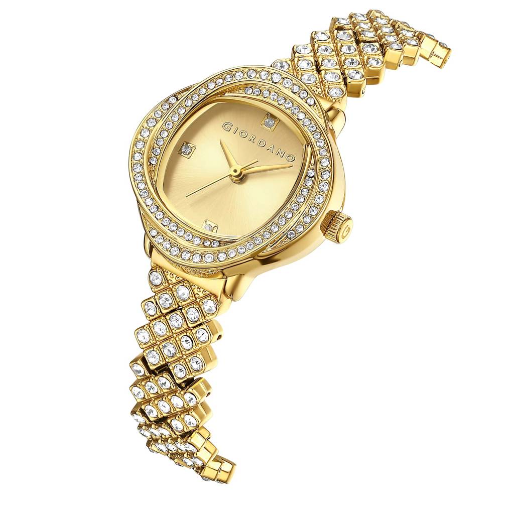Giordano Luxury Crystal Watch For Women, Stainless Steel Strap, Diamond-Studded Bezel, Elegant Dress Timepiece : GZ-60120-22