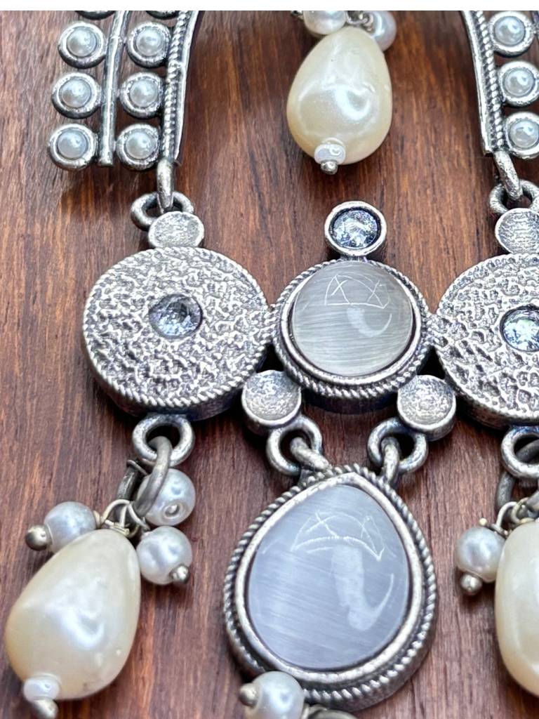 Silver Plated Oxidised Stone & Pearl Embellished Statement Chandbali Earrings : VI26EROX100336