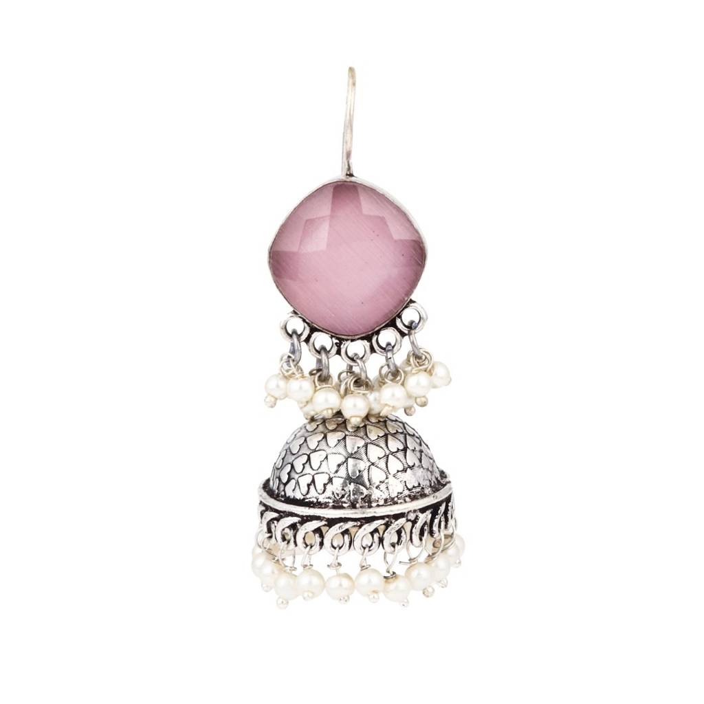 Oxidised Silver Brass Stone Jhumka Earrings : S24AJER253PNK