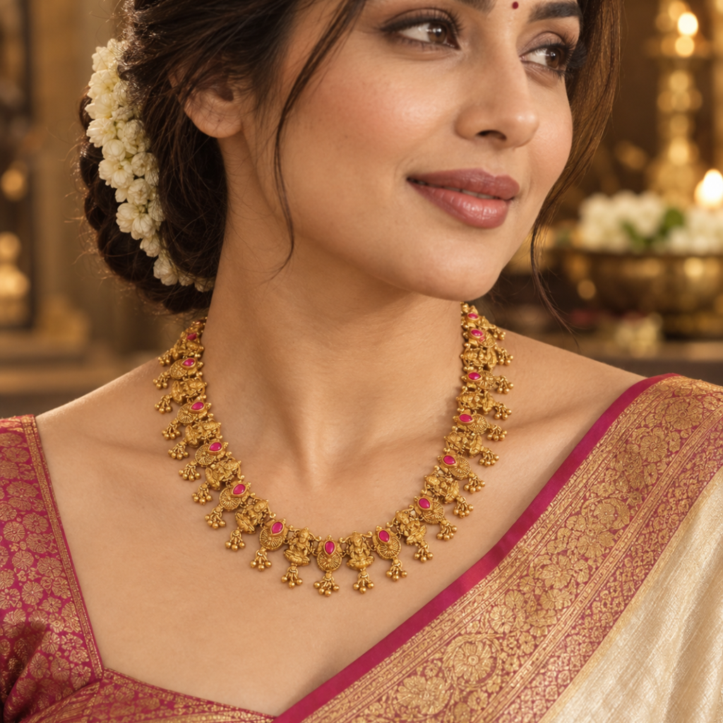 1 Gram Gold Plated Choker Necklace | Deity Coin Short Necklace Set : J-833