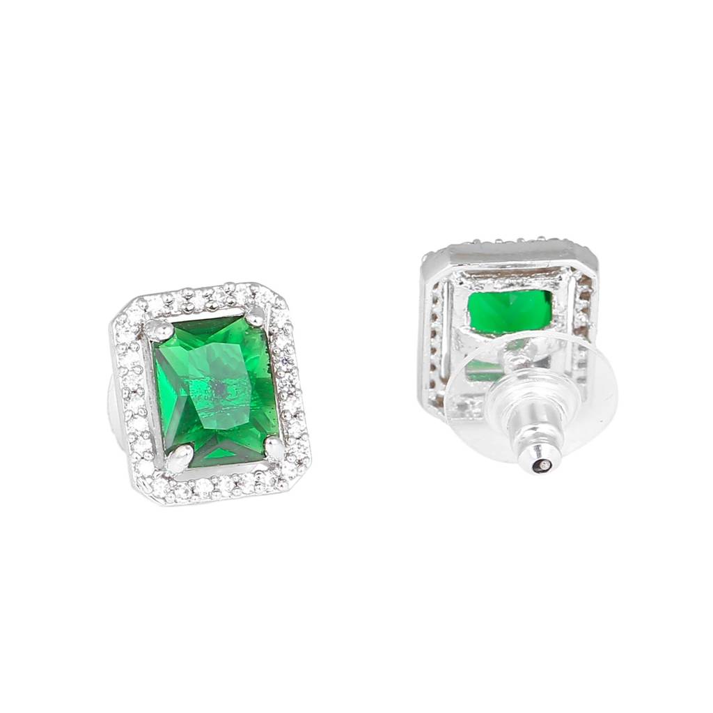 Estele Rhodium Plated Cz Sparkling Square Designer Pendant Set With Emerald Stone For Women