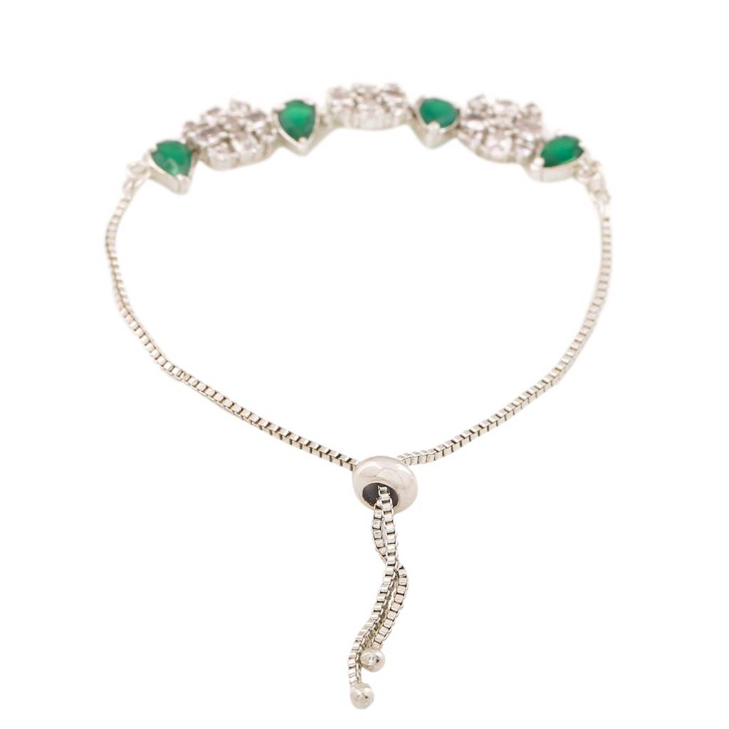Estele Rhodium Plated Cz Sparkling Flower Designer Bracelet With Green Stones For Women