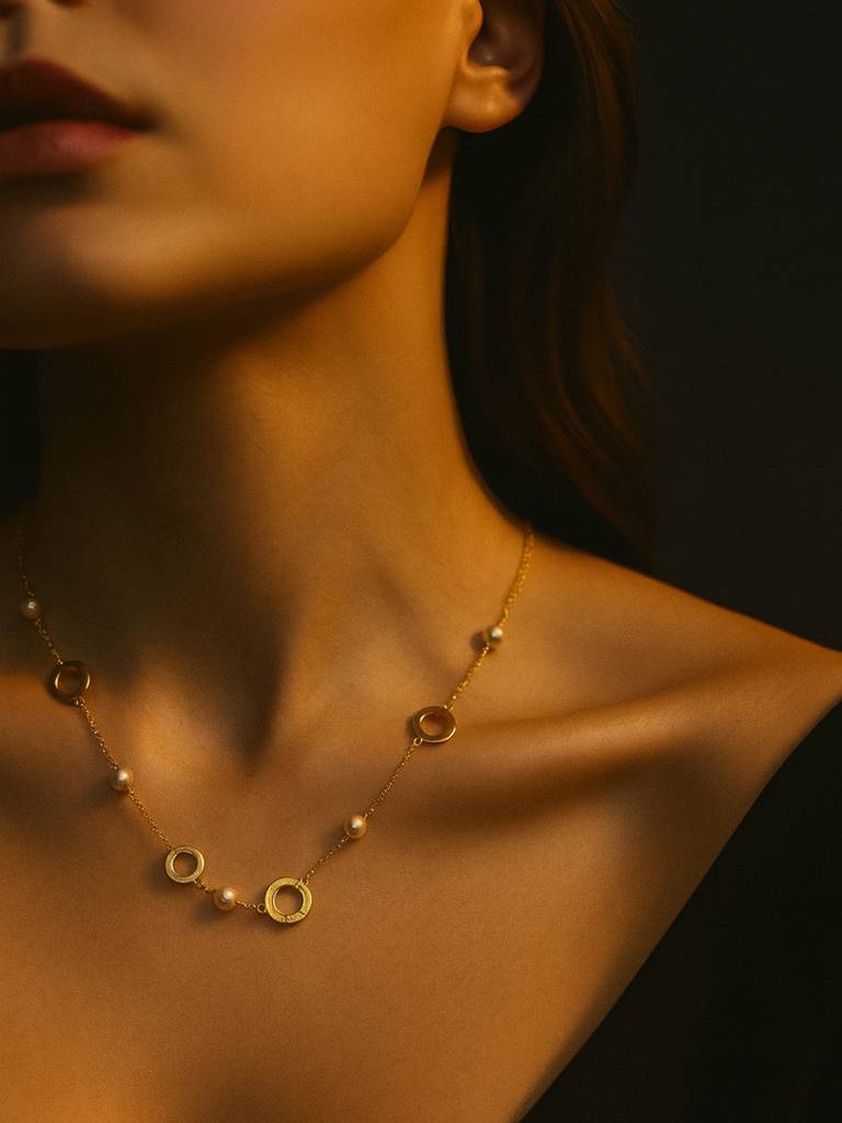 18K Gold Plated Pearl & Circular Motif Necklace Â Anti Tarnish, Everyday : ATC628CMPN