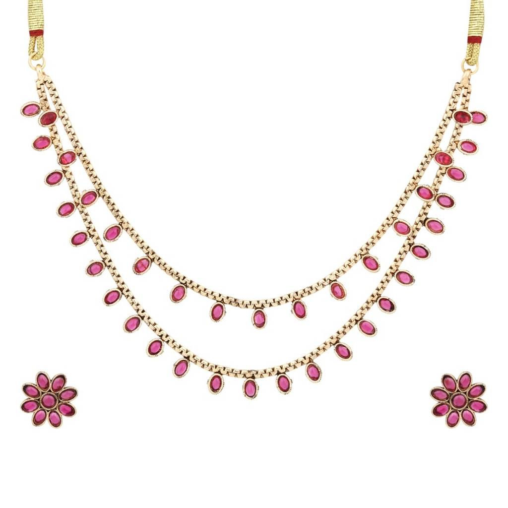 Gold Plated Delicate Double Layered Necklace Set : S24MRNKS485RED