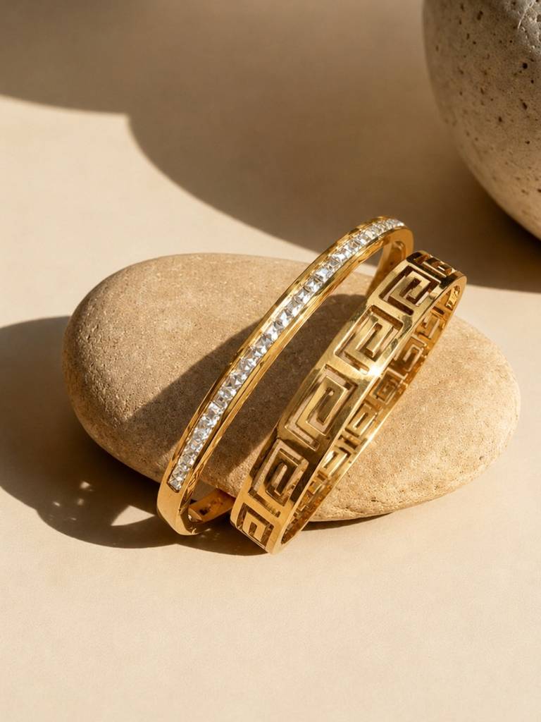 Cz Studded & Geometric Gold Bracelet Stack – Set Of 2 : CBR010CSG