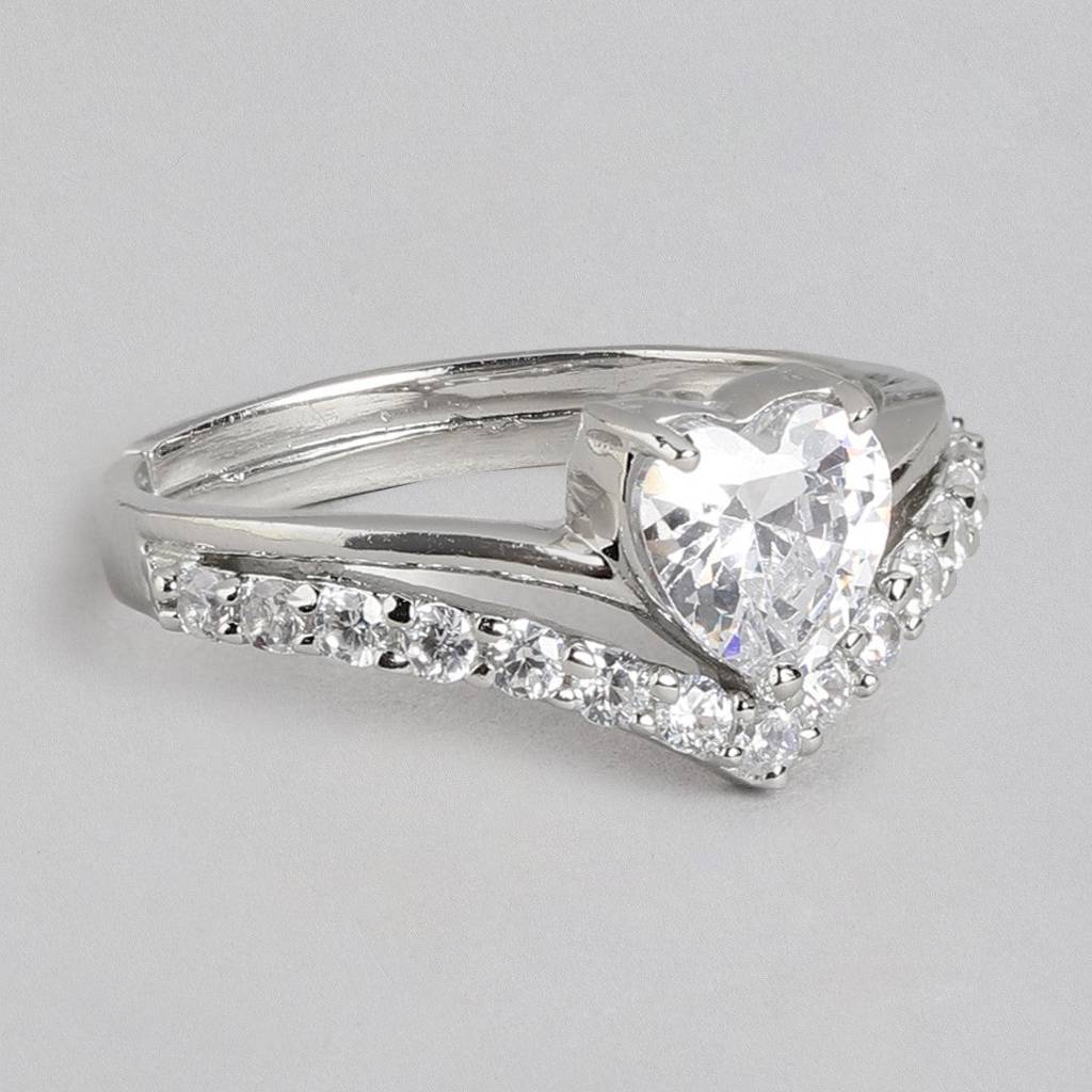 Shimmering Love Rhodium-Plated Heart Cz 925 Sterling Silver Ring (Adjustable) : RNG-40251-R