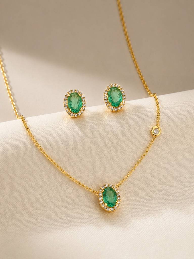 Pino Green Oval Halo Necklace & Earring Set, 18K Gold-Plated : SET1056GRSS