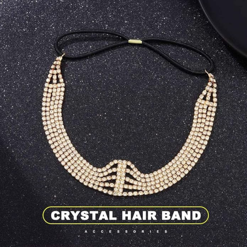 Multi Layer Crystal Bridal Headband For Women Elastic Rhinestone Wedding Forehead Hair Band Gold Party Wear Des : M4SK-PT-GOLD