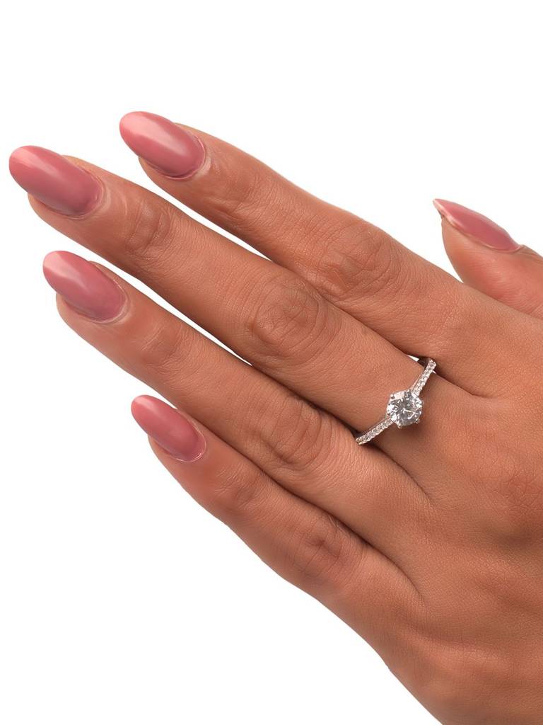 Classic Solitaire Silver Ring With Cz Accent Stones : 1435