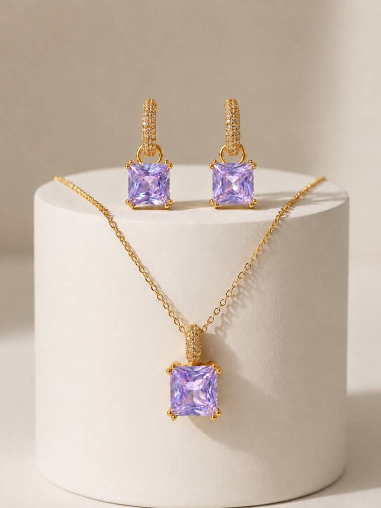 Square-Cut Pendant Necklace & Huggie Earring Set : SET1011PQSD
