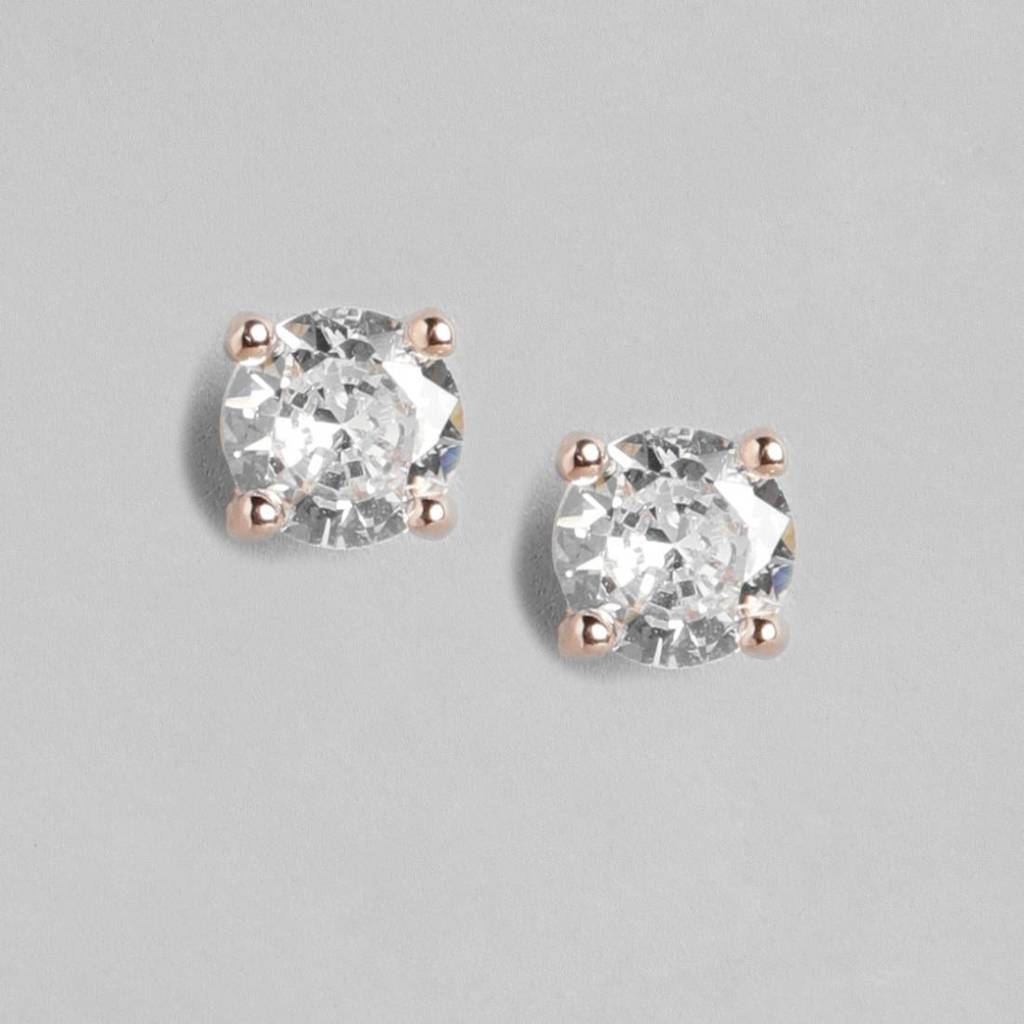 Sensational Solitaire 925 Silver Earrings In Rose Gold : EAR-20146