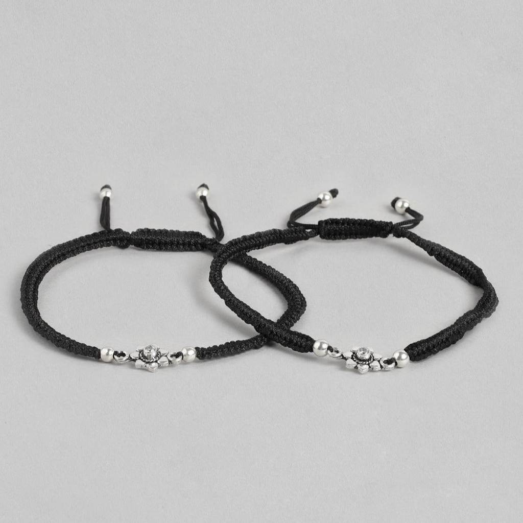Black Thread Flower 925 Sterling Silver Anklet : ANK-60106-PAIR
