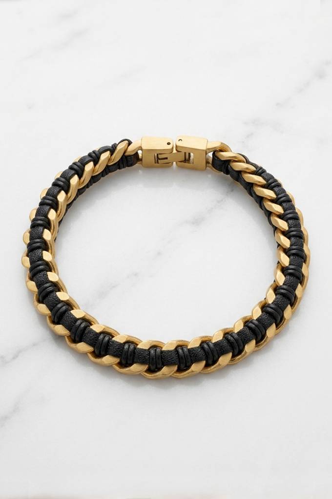 Men'S Braided Black Leather & Gold Plated Cuban Link Stainless Steel Bracelet : MSYKBL5D005