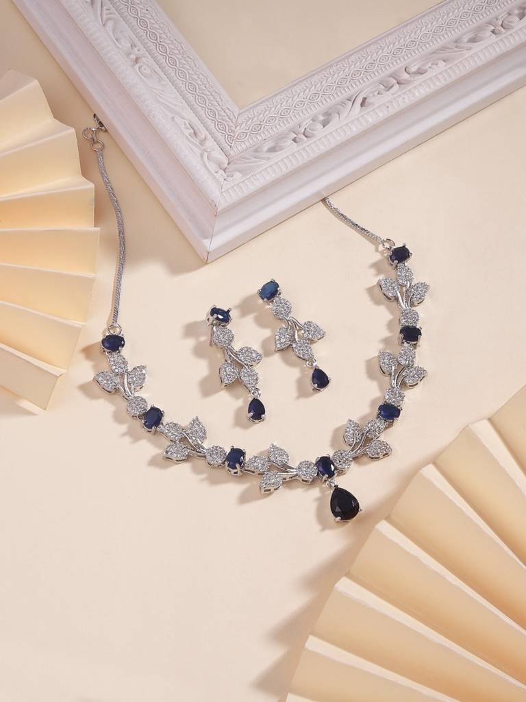 Elegant Blue Crystal Leaf Pattern Jewellery Set With Necklace And Earrings For Party Wear : sherva-JS