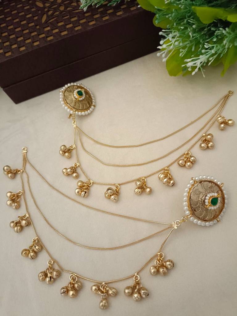 Brass-Plated Kundan Studded & Ghungroo Beaded Kashmiri Earrings With Earchains : VS105353
