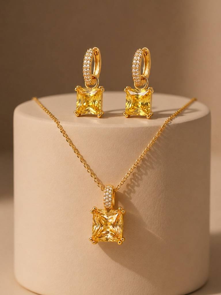 Square-Cut Pendant Necklace & Huggie Earring Set : SET1008YQSD