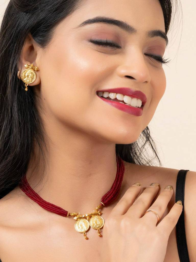 Gold Plated Victorian Double Coin Mangalsutra Necklace Set : LAANP106