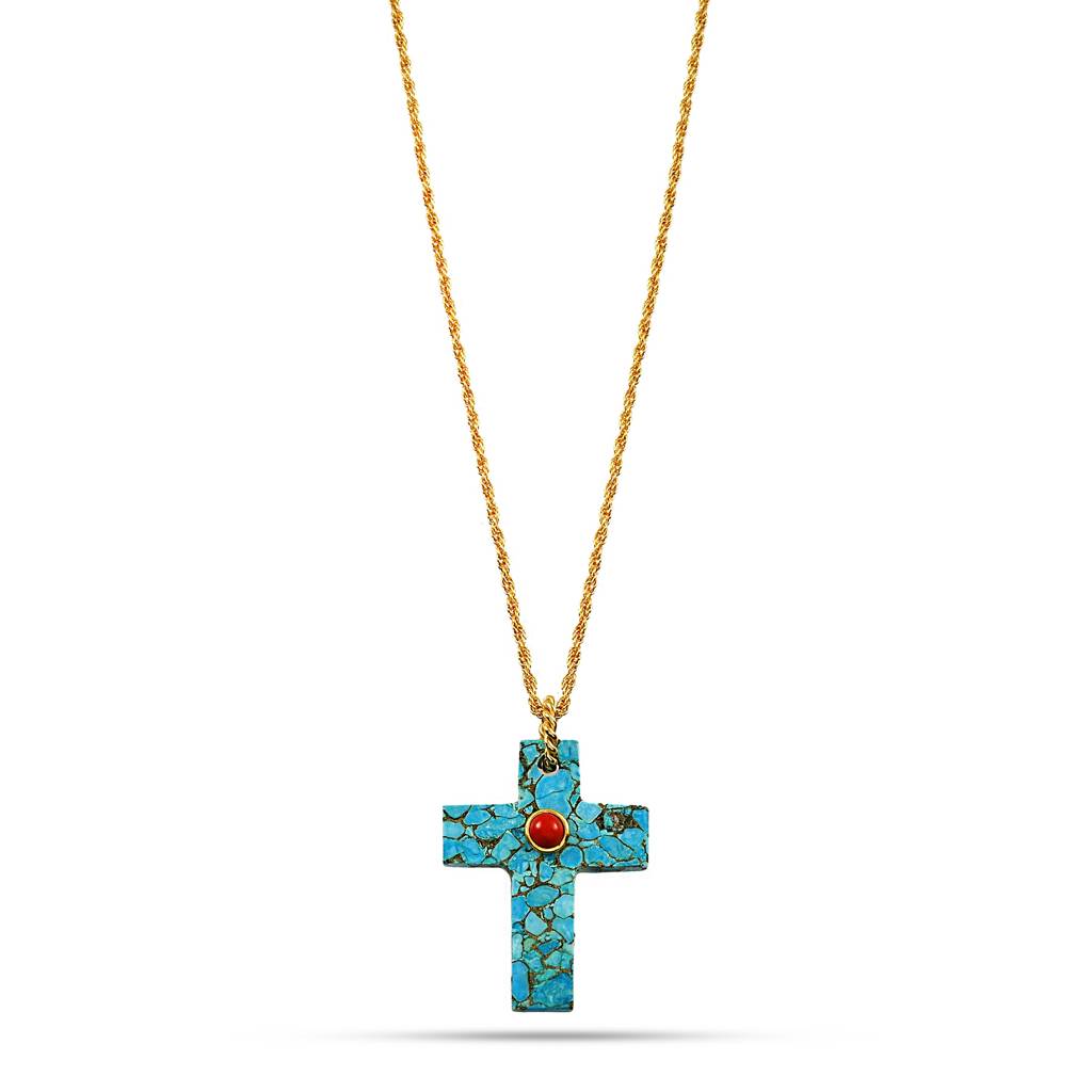 Faith Cross Turquoise And Coral Necklace : AWN-234