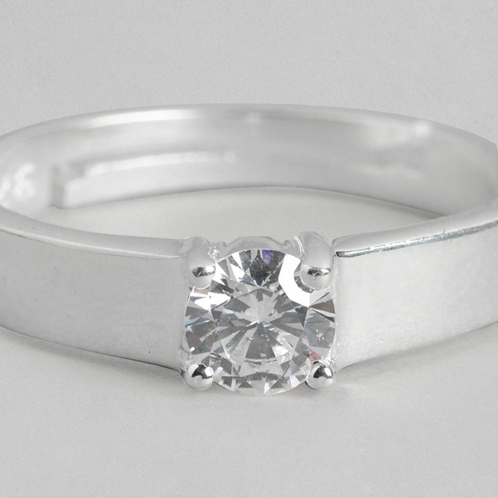 Cz Solitaire Rhodium Plated 925 Sterling Silver Ring For Him (Adjustable) : RNG-40139