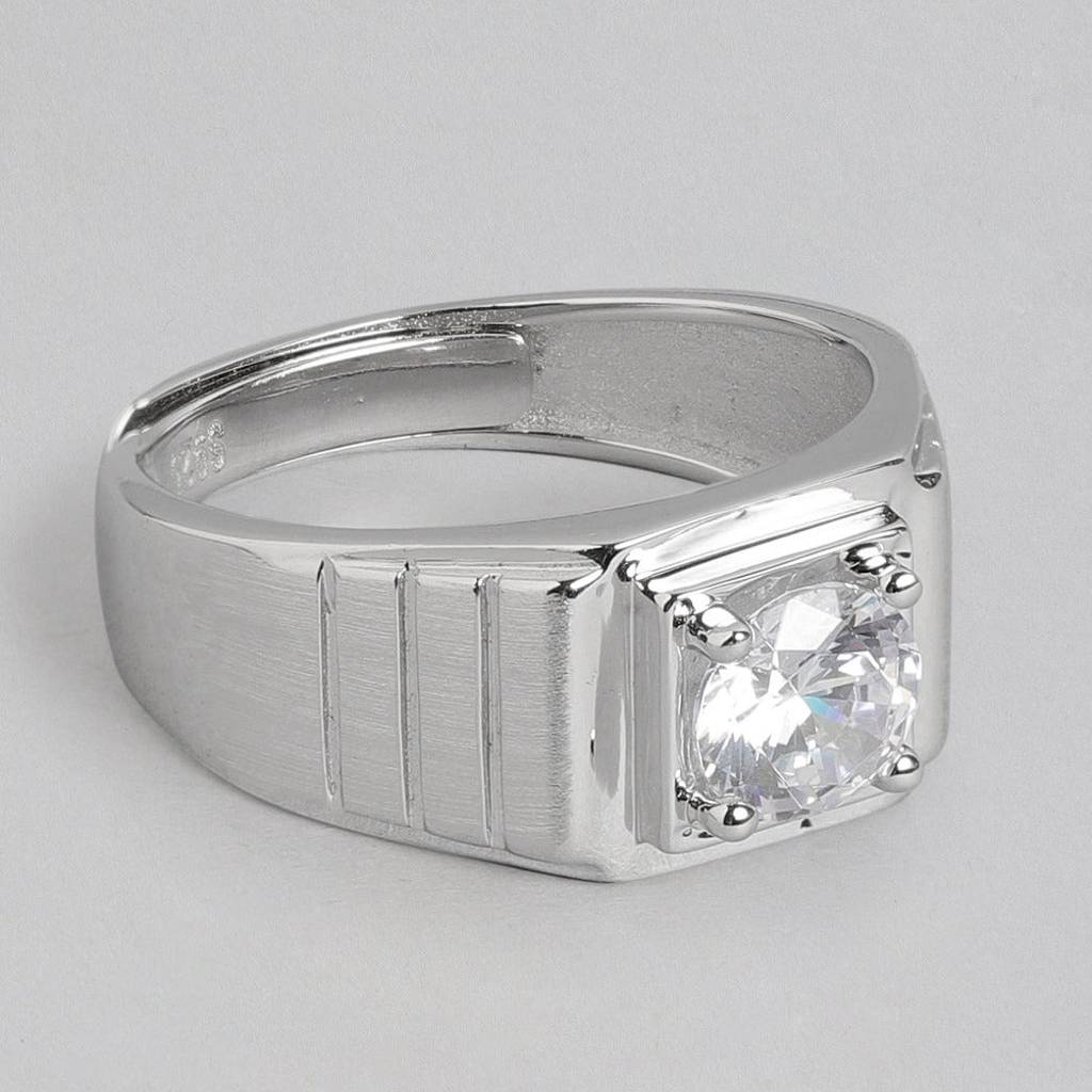 Cz Studded Solitaire 925 Sterling Silver Ring For Him (Adjustable) : RNG-40075