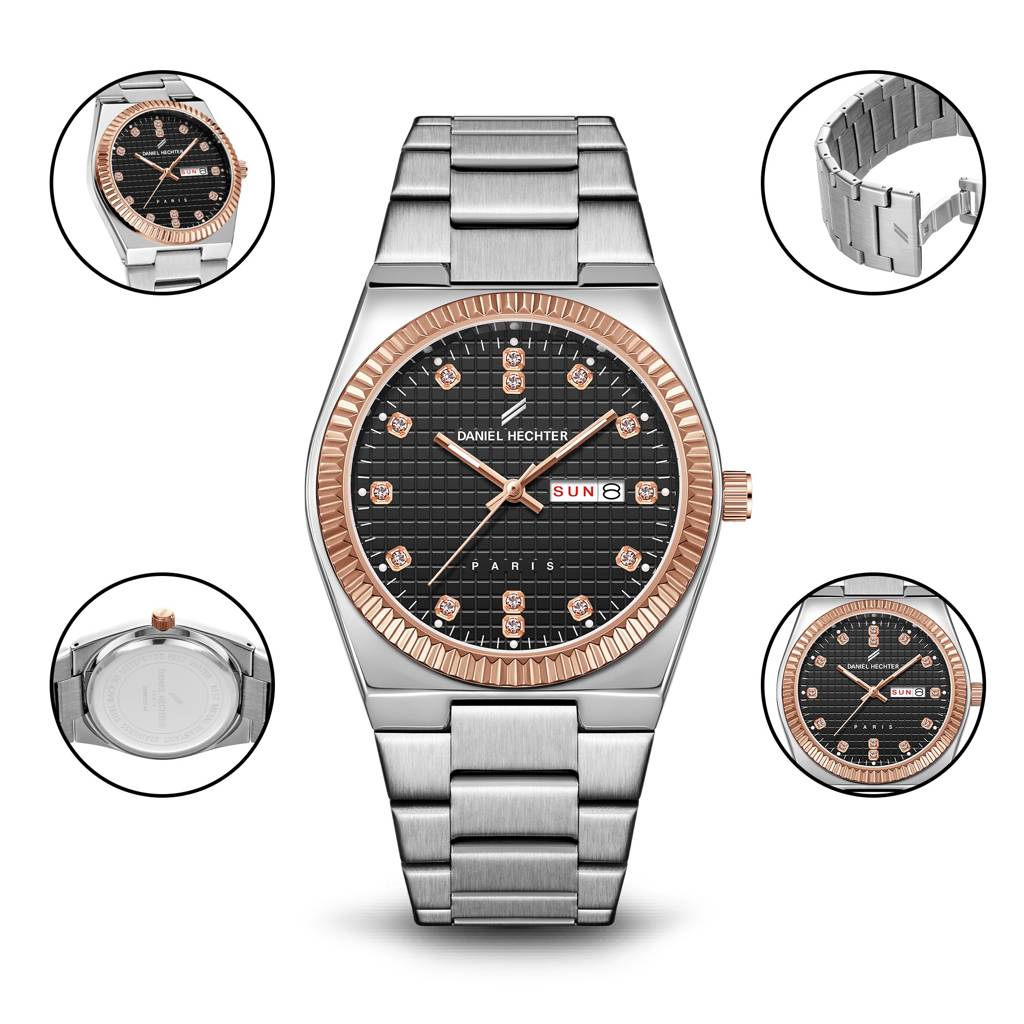 Daniel Hechter Hoche Collection Classic Analog Watch For Men – Textured Dial,Crystal Indices With Fluted Bezel, D : DHM1027-11