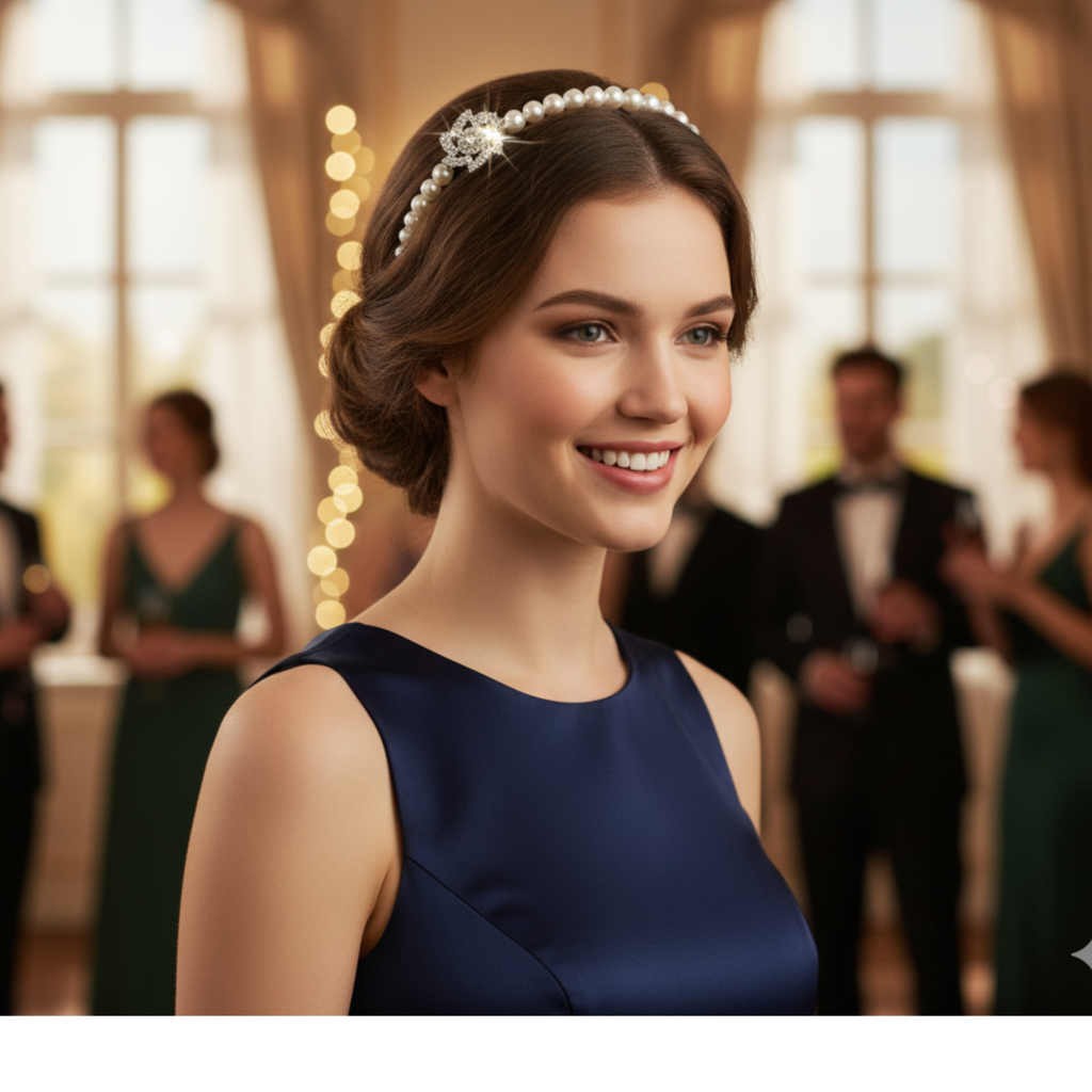 Pearl Headband For Women – White Faux Pearl Hair Hoop With Crystal Flower Accents – Elegant Bridal Hair Accessori : M4SK-HB-14