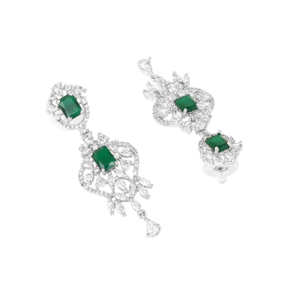 Estele Rhodium Plated Cz Magnificent Designer Necklace Set With Emerald Stones For Women : AD-711-IR-GNNKER