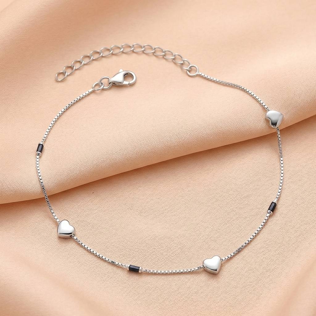 The Amour Silver Heart & Black Bar Box Chain Anklet : AK1120