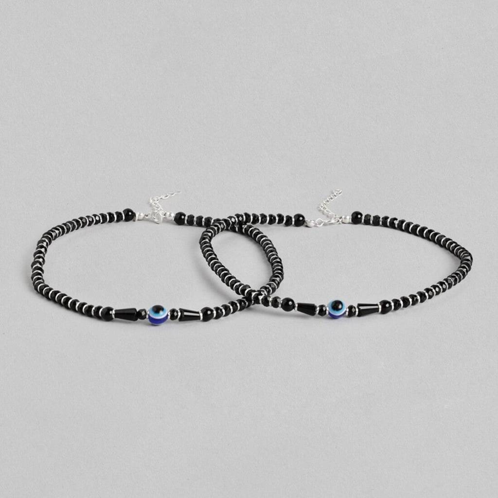Guardian Evil Eye Beaded Silver-Plated 925 Sterling Silver Anklet : ANK-60307-PAIR-S