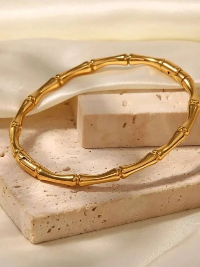 Gold Cowrie Shell & Bamboo Bangles Set -18K Gold Plated Stainless Steel Stackable Bracelets : CBR009GCS