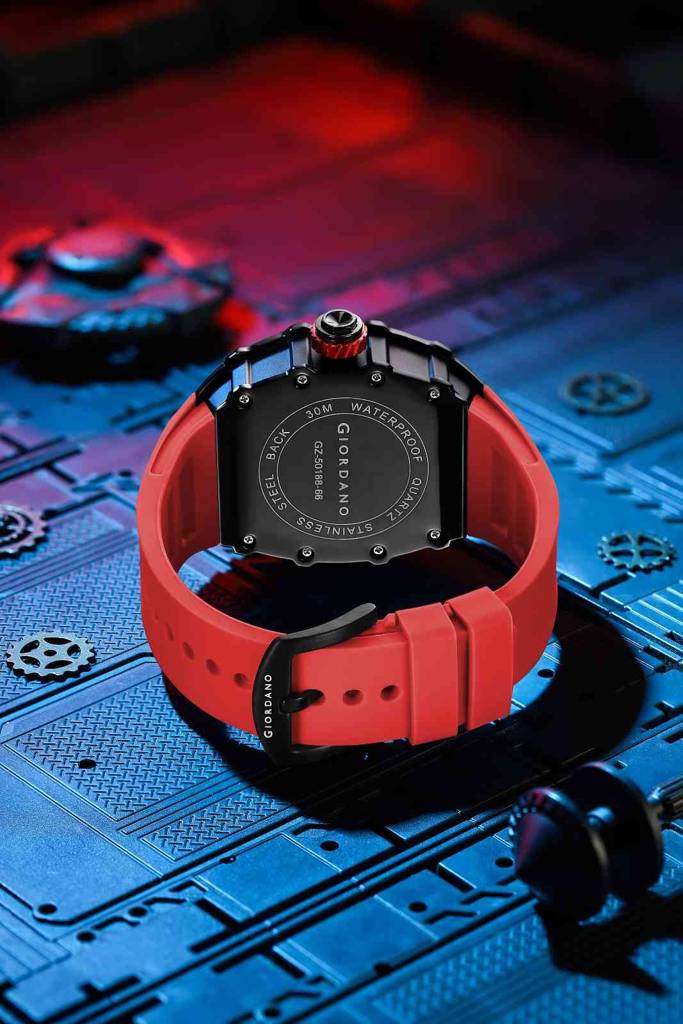 Giordano Analog Skeleton Dial Watch For Men Â Tonneau Case, Silicone Strap, Open-Gear Sport Design, Quartz Mov : GZ-50188-66