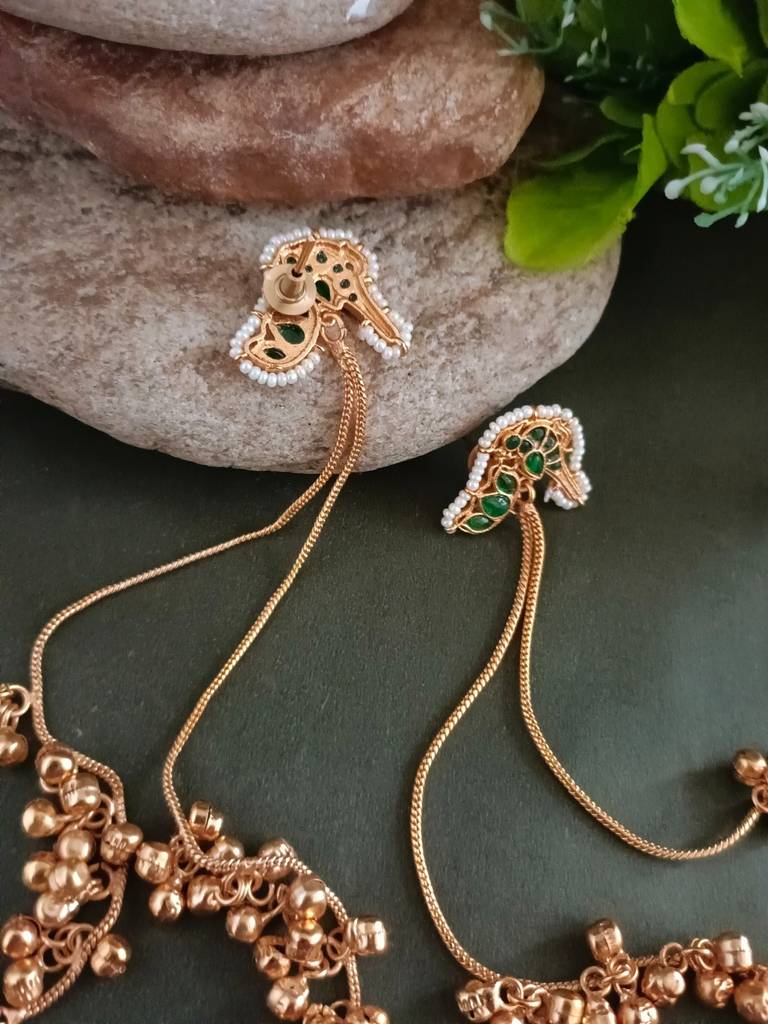 Gold-Plated Kundan Studded & Ghungroo Beaded Tasselled Peacock Kashmiri Drop Earrings : VS105308