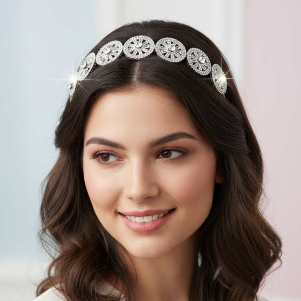 Silver Crystal Headband - Sparkling Wheel Design Tiara For Wedding, Bridal, And Party Wear - Elegant Hair Ac : M4SK-HB-ABIMANU