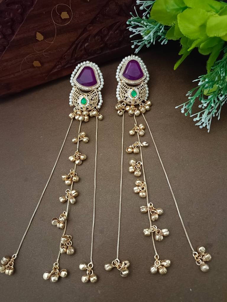 Brass-Plated Pachi Kundan Studded & Beaded Kashmiri Drop Earrings : VS105351