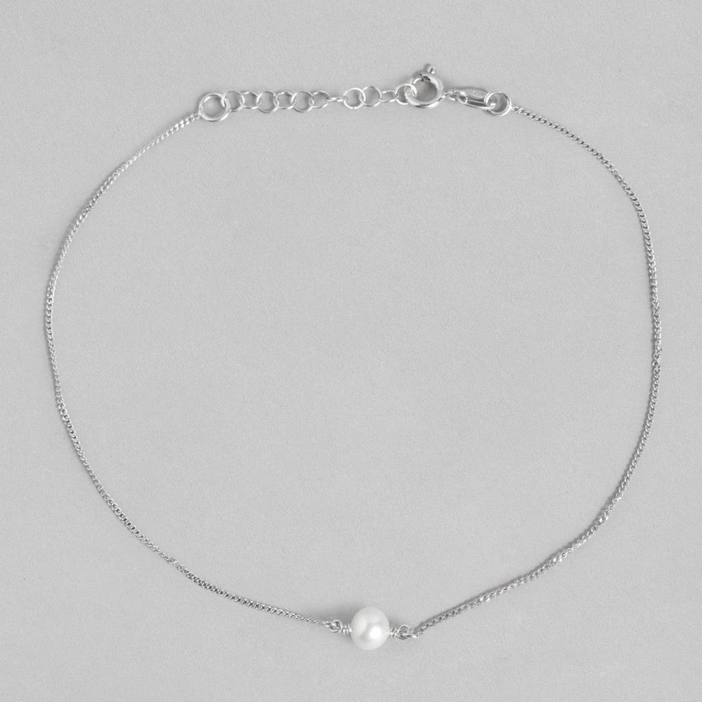 White Pearl Rhodium Plated 925 Sterling Silver Chain Anklet : ANK-60260-PAIR