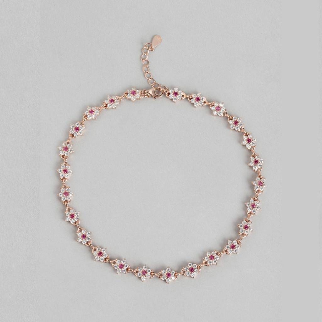 Floral Cubic Zirconia Rose Gold Plated 925 Sterling Silver Women'S Anklet : ANK-60331-PAIR-RG