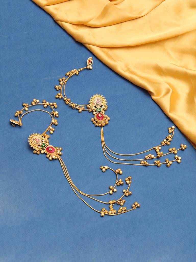 Premium Gold Plated Kundan Stone Studded Kashmiri Ear Chain Drop Earrings : VI25EROX100171