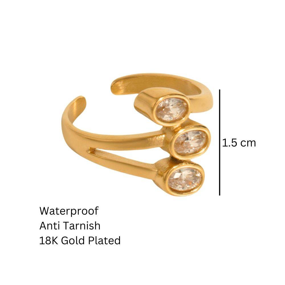 18K Gold Plated Waterproof Antitarnish Titanium Steel 3  Glass Stone Ring : AFT0924R506WH6
