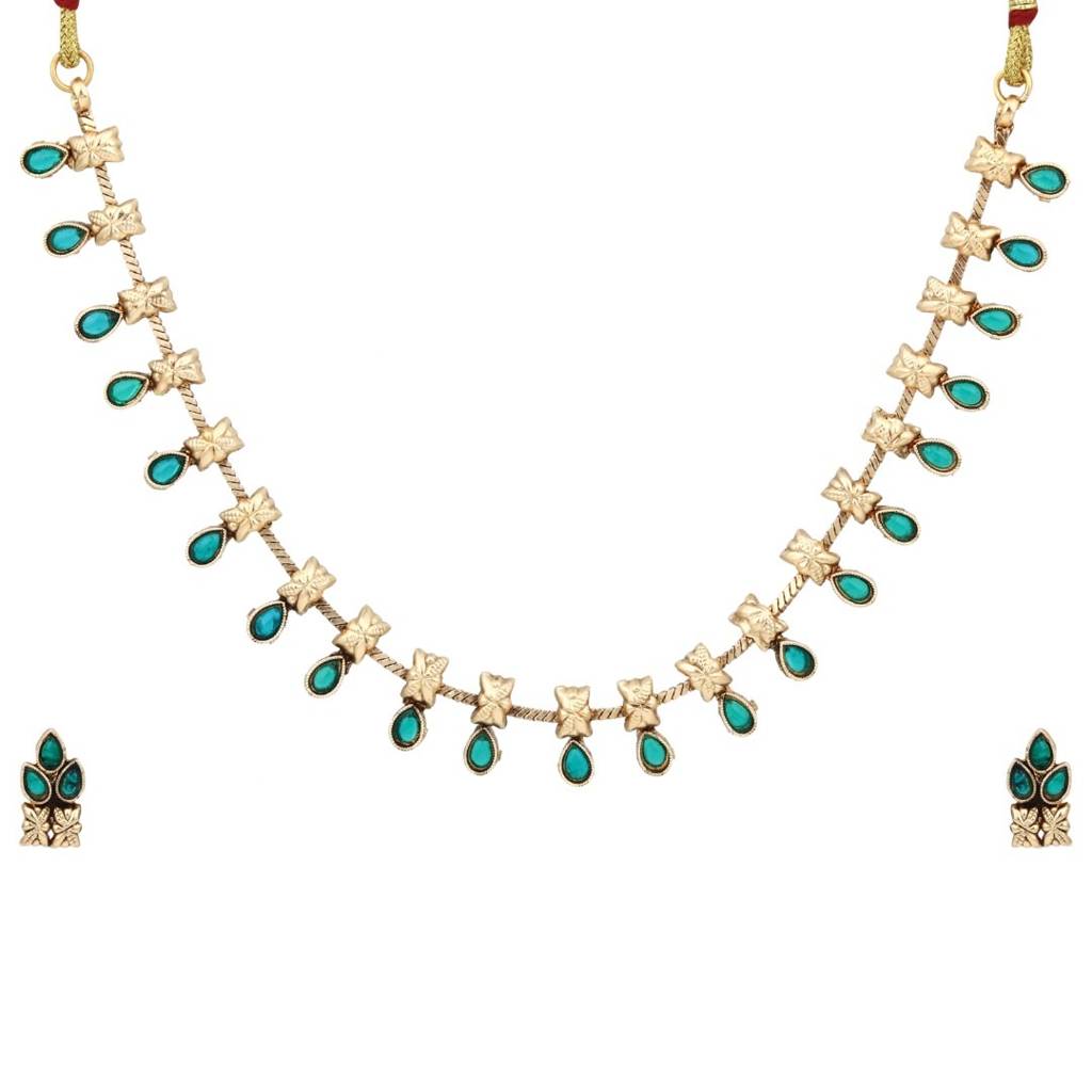 Gold Plated Delicate Green Stone Necklace Set : S24MRNKS487GRN
