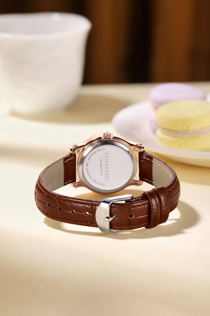 Giordano Luxury Analog Quartz Watch For Women Â Rose Gold Case, Roman Numerals, Crystal-Studded Dial, Leather  : GZ-60142-22