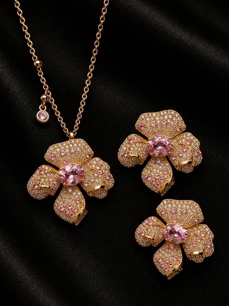 Boccio Pave Flower Necklace & Earring Set, 18K Gold-Plated : SET1018PSS