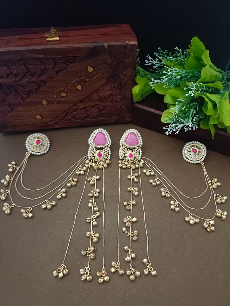 Brass-Plated Kundan Studded & Ghungroo Beaded Kashmiri Earrings With Earchains : VS105344
