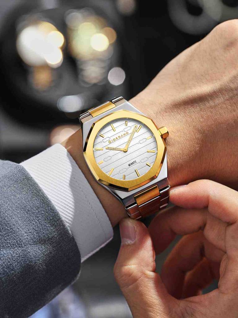 Giordano Elegant Analog Watch For Men With Octagonal Textured Dial, Stainless Steel Strap, Luminous Markers, And : GZ-50178-33