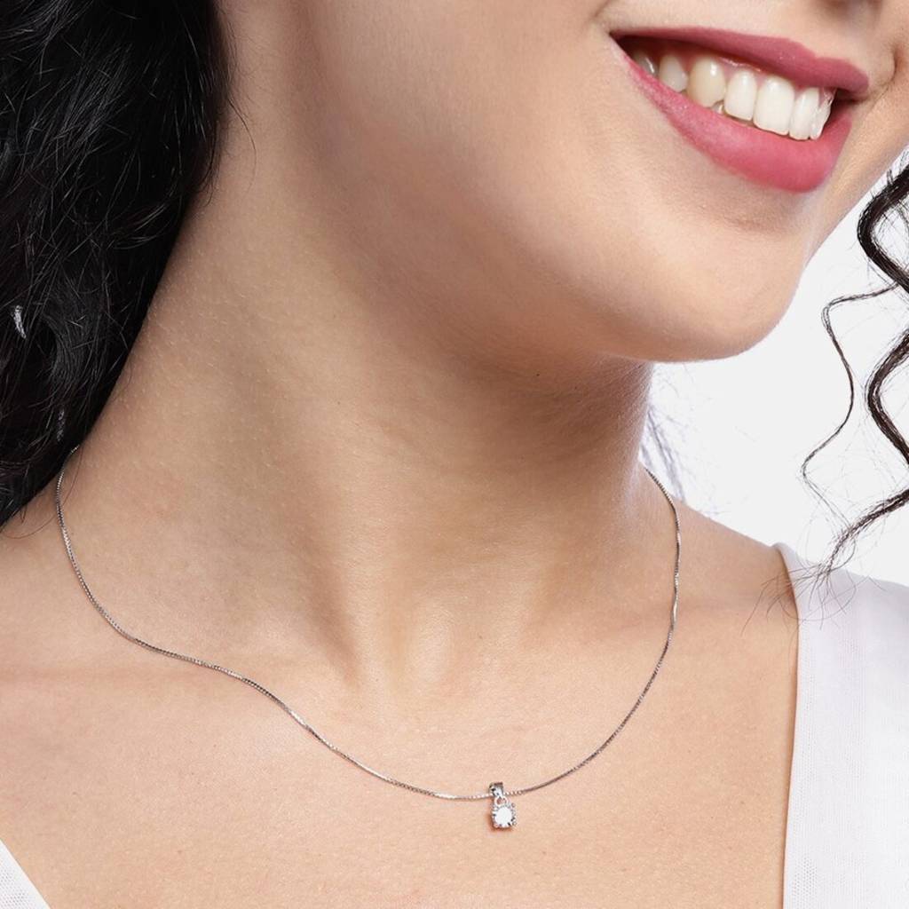 Solitaire 925 Silver Rhodium Plated Necklace Chain : PEN-30014-C