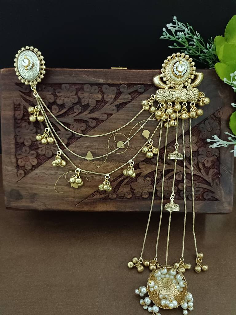 Gold-Plated Kashmiri Long Jhumka Earrings With Matching Ear Chains : VS105381