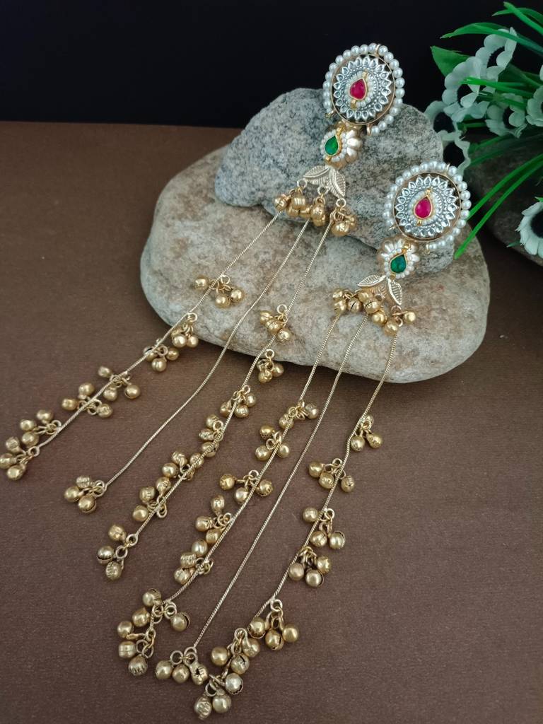 Brass-Plated Pachi Kundan Studded & Ghungroo Beaded Kashmiri Drop Earrings With Earchains : VS105330