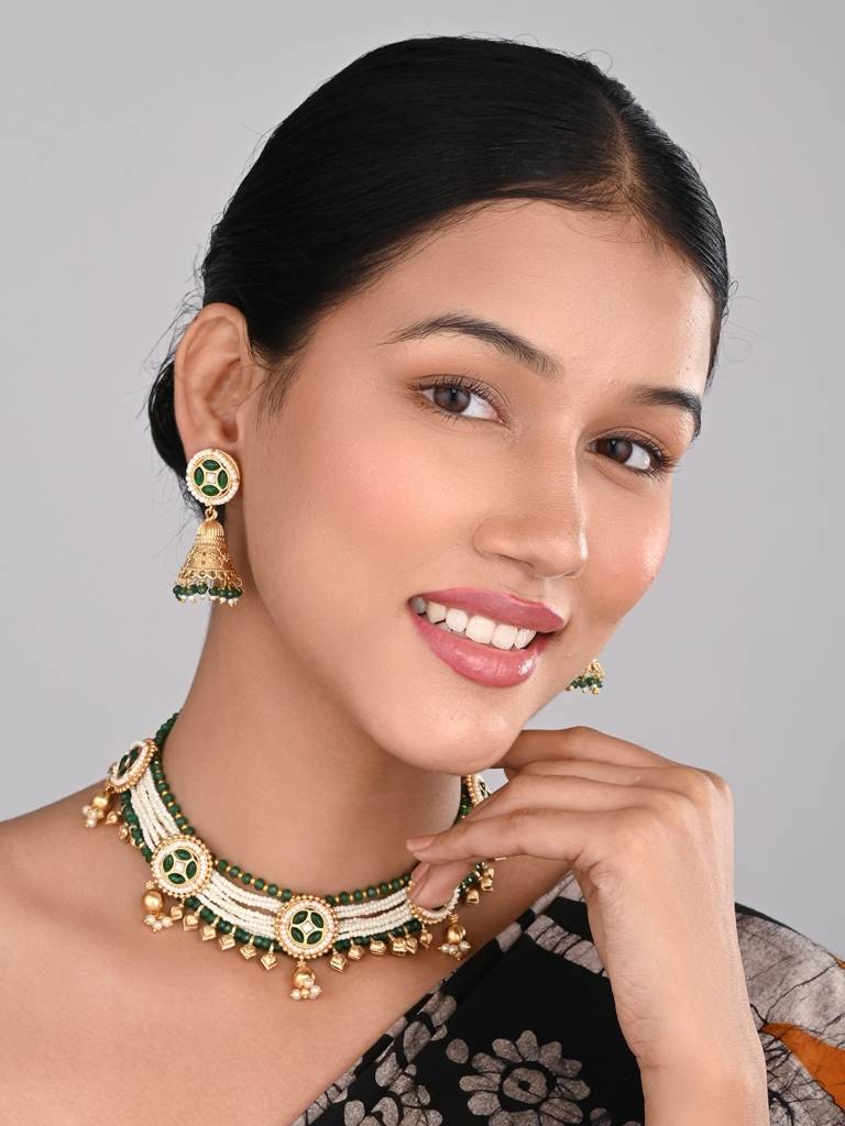 Gold Plated,Beads & Brass Necklace & Earring Set : S24AJNKS359GRN