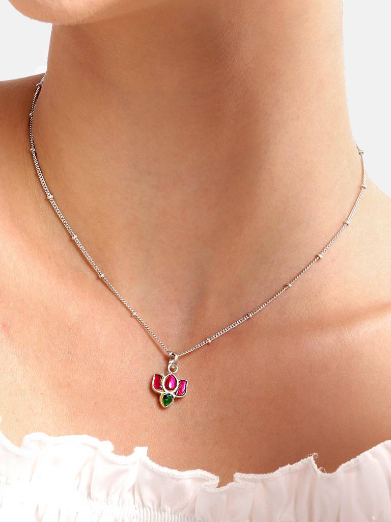 92.5 Silver Crimpson Kundan Lotus Necklace : U100SG006MY016