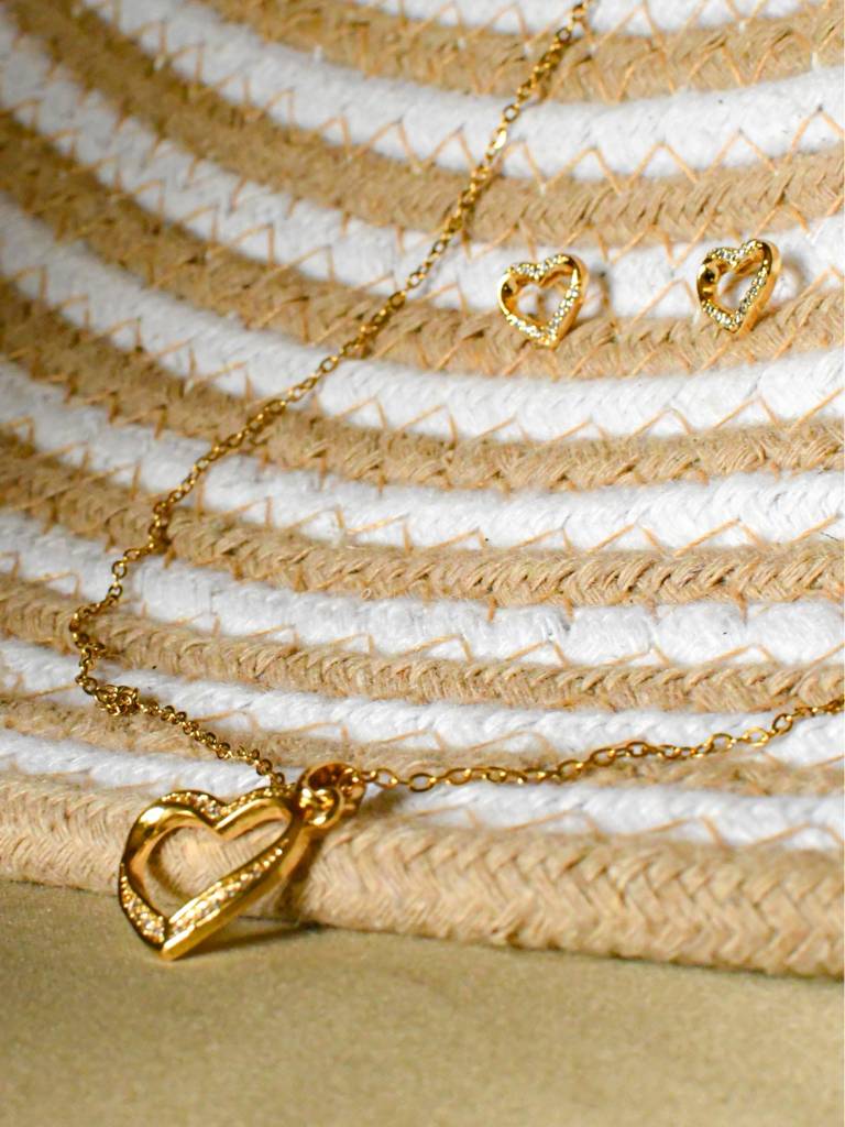 Heart Studded Minimal Jewelry Set Â Dainty Gold Necklace & Earrings : SET533HSMS